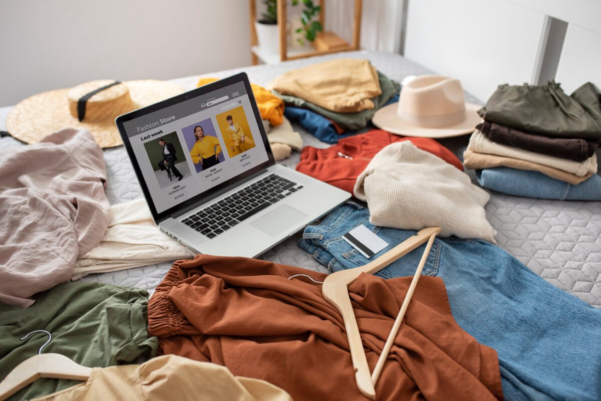 clothes-laptop-bed-arrangement-high-angle